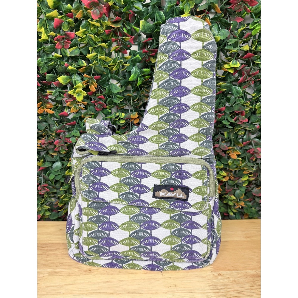 KAVU Rope Bag Sling Backpack Purple Green Fan Print Canvas Adjustable Strap